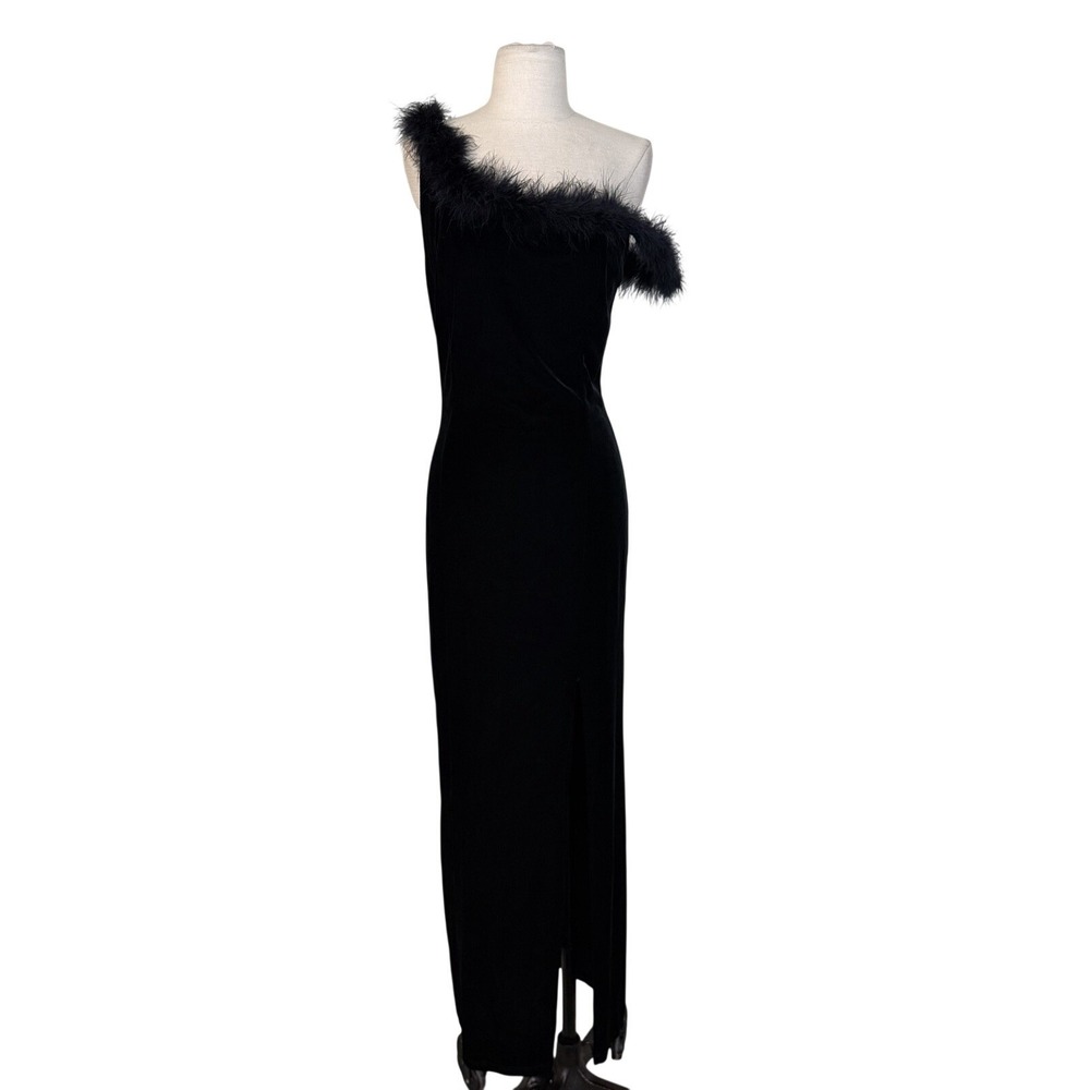Vintage 1990s Safora Feather Velvet Maxi Gown Sz M Black Side Slit Sexy Formal